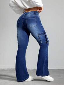 SHEIN Tall 女士牛仔裤性感低腰紧身弹力喇叭裤蓝色牛仔裤高腰女裤 Y2k 牛仔裤女式紧身裤 - 深色水洗藍 - 查看 3