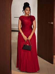 Maweii Mawei New Year Plus Size Elegant Solid Color Pleated Round Neck Sleeveless Dress - Burgundy - View 5