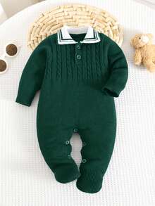 SHEIN Newborn Baby Boy/Girl Turndown Collar Romper Jumpsuit, Cable Knit Texture Sweater Outfit, Suitable For Autumn/Winter Indoor & Outdoor Wear - Dark Green - View 8
