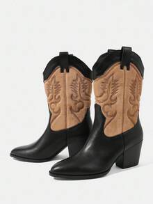 Styleloop Women's Embroidered Color Block Pointed Toe Vintage Ankle Boots - Black - View 3