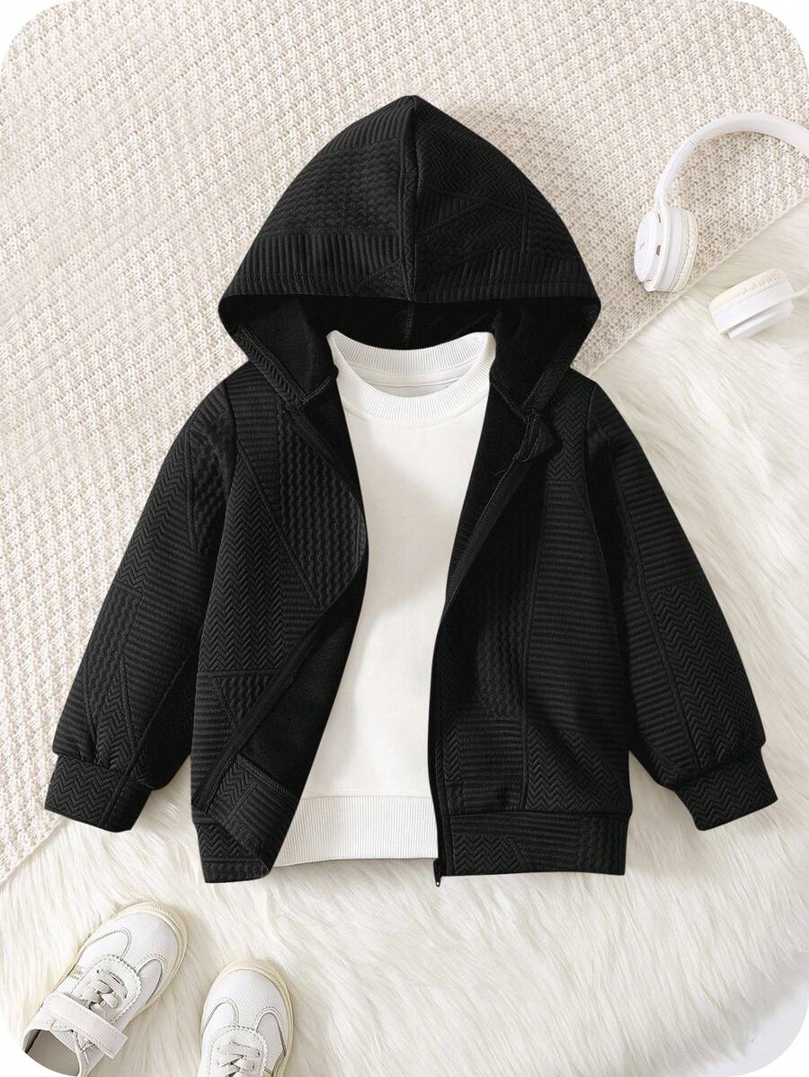 SHEIN 1 件年轻男孩休闲纹理面料夹克，适合秋冬季 - 黑色 - 查看 1