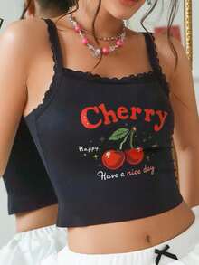 SHEIN 樱桃印花蕾丝拼布休闲夏季吊带背心 - 黑色 - 查看 3