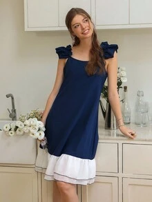 SHEIN 女式拼色雪纺荷叶边混合下摆睡裙 - 寶藍色 - 查看 4