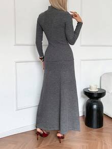 DAZY 2pcs/Set Women Solid Color Casual Long Sleeve Sweater Top And Skirt - Dark Grey - View 7