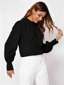 EMERY ROSE Casual Solid Color Long Sleeve Shirt, Versatile For Autumn - Black - View 5