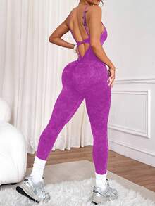 Easithlete Easithlete 1件女款磨損水洗圓領扭繩肩帶連身褲 深紫色薰衣草色健身套裝 夏季性感健身房紫色緊身褲運動服 - 玫紅色 - 查看 5