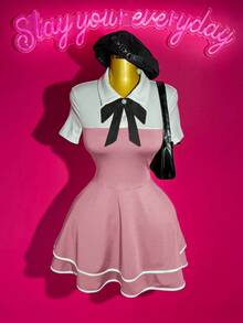 Slaydiva 2025 New Style Early Autumn And Summer Casual Street Hottie Style Sweet Girl Style Elegant Daily Date Birthday Party POLO Collar Bow Tie White Splicing Black 2 In 1 Design Multi-Layer Cake Skirt Ruffle Hem A-Style Skirt Mini Skirt Knitted Ladies Mini Dress-A