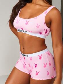 Missguided x Playboy 女士柔软休闲套装 Bralette 男式短裤配套睡衣节日礼物全覆盖弹力舒适睡衣内衣套装 - 粉色 - 查看 3