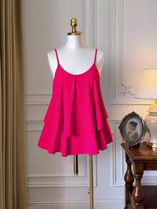 SHEIN Clasi Chiffon Cross Back Slim Fit Spaghetti Strap - Hot Pink - View 1