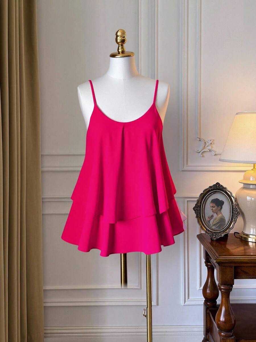 SHEIN Clasi Chiffon Cross Back Slim Fit Spaghetti Strap - Hot Pink - View 1