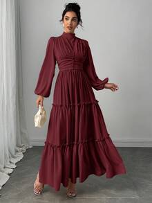 Veilorie Women's Solid Color Stand Collar Lantern Sleeve Waist Ruched Flounce Hem Elegant Dress - Burgundy - View 5