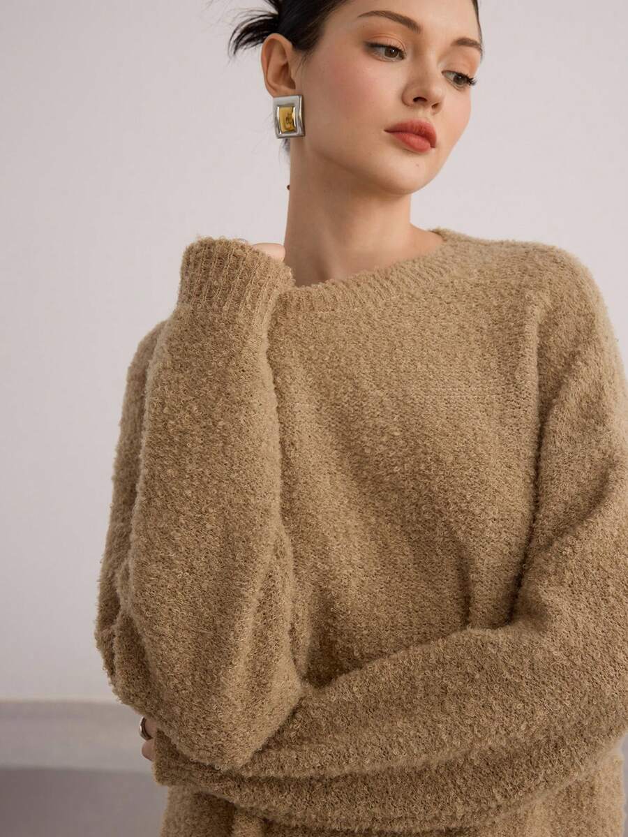 Heiryn Women's Solid Color Crew Neck Casual Versatile Long Sleeve Pullover Sweater Autumn Winter Clothes For Women - Camel - View 1