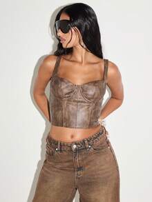 KIZN Distressed Faux Leather Corset Top Vintage Style Bustier Fitted Crop Tank With Back Zipper Detail Western Cowgirl Festival Wear - Brown - View 5