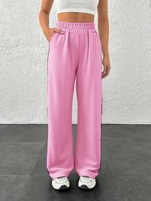EURMUSE Women's Streetwear Leopard&White Shell Fabric Side Tape Wide Leg Sweatpants Going Out Sets Fleece - Pink - View 5
