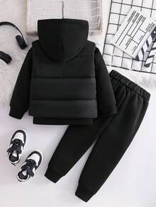 SHEIN Genkimix Kids 男童字母补丁背心外套、保暖连帽衫和运动裤