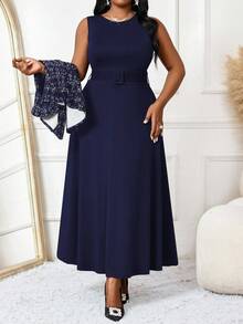 SHEIN Lady 2025 New Spring And Summer Autumn And Winter Casual Elegant Round Neck Flared Belted Button Midi Long Sleeve Casual Elegant Navy Blue Dress Professional Clothes Brown Skirt Black Skirt Women Outfit Sets Winter Dress&Jacket New Year Outfit - Navy Blue - View 3