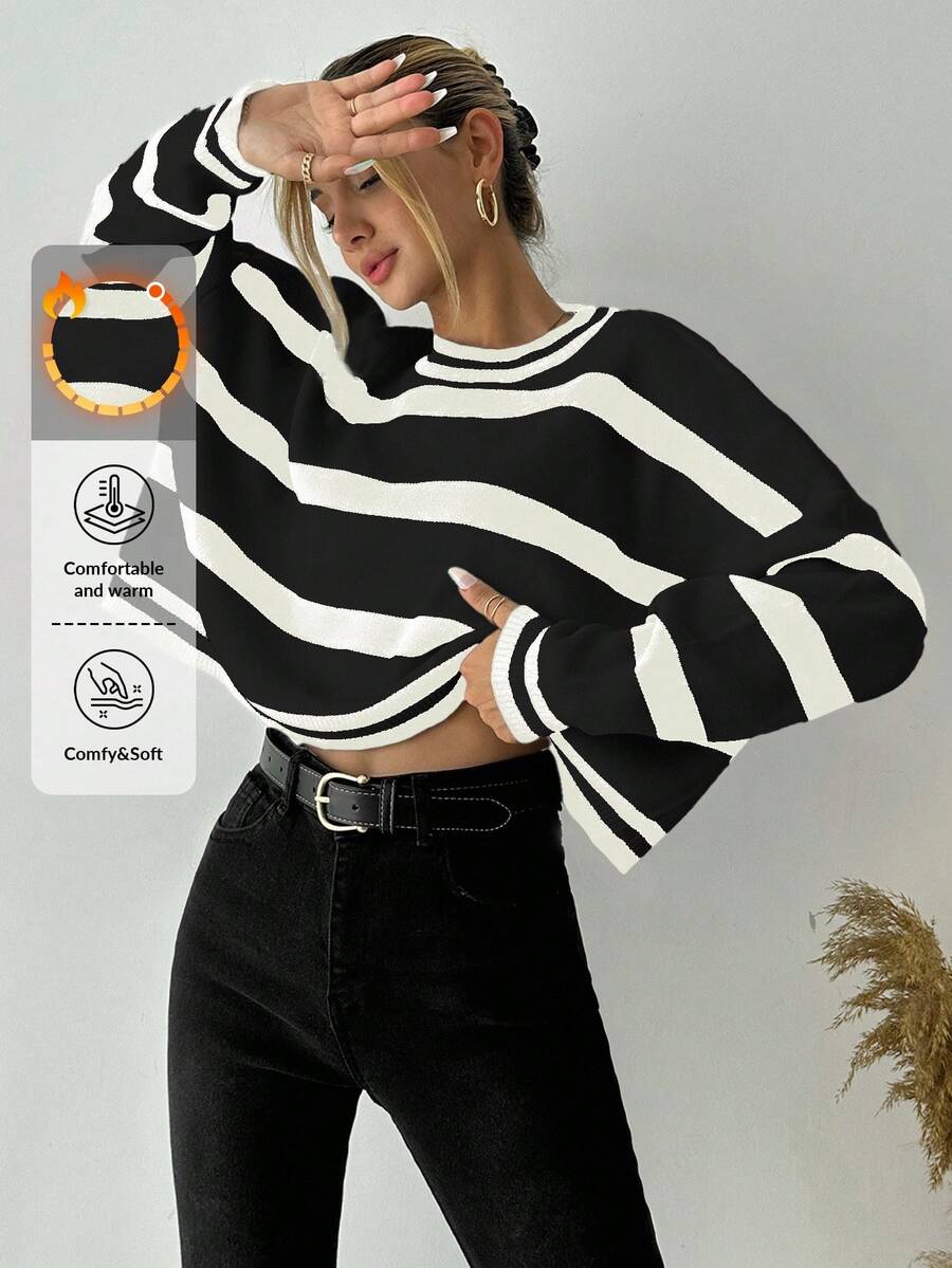 EURMUSE Women's Striped Drop Shoulder Sweater - Hitam dan Putih - View 1