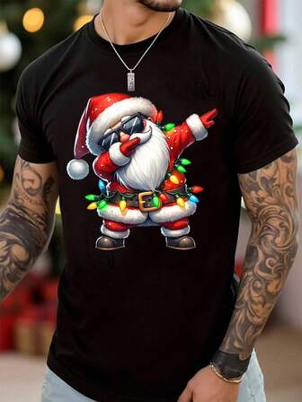 Merry Christmas Men's Fashion Cartoon Cute Santa Claus Colorful Light Strip Letter Slogan Graphic Basic Crew Neck Short Sleeve T-Shirt, Suitable For Christmas Party & Going Out