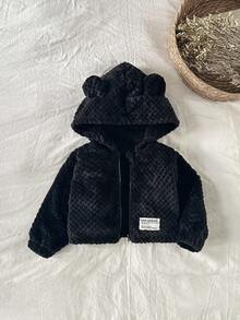 SHEIN Baby Girls' Autumn/Winter Solid Color Vertical Striped Cute Hooded Jacket, High-End Fashion Style, Made Of Soft And Comfortable Skin-Friendly Fabric, Solid Color Design With Simple And Elegant Plush 3D Ear, Warm And Easy To Match, Suitable For Outdoor Play, Home Leisure, Sports And Parties, Loose Fit Design Without Restriction