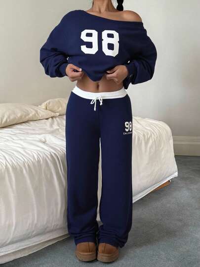 SHEIN 2pcs/Set Teen Girls Navy Blue Knit Off-Shoulder Loose Sweatshirt Top With Numeric Print And Relaxed Fit Sweatpants, Casual Campus Streetwear Loungewear Set
