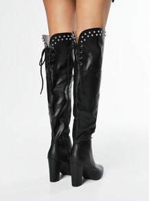 ROMWE Grunge Punk Women's High Heel Boots, Versatile Elegant Pointed Toe Fashion PU Thick Heel Boots, Autumn/Winter - Black - View 5