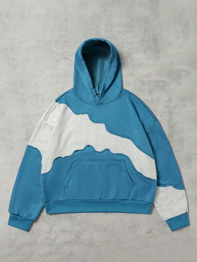 Street Life Sudadera con capucha holgada para hombre con manga larga, bolsillo y parches de color contrastante para otoño