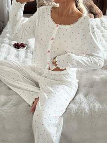 CottageSlumber Heart Print Lace Trim Decor Crew Neck Top & Long Pants 2 Pieces Pajama Set Pajama Sets For Women Round Neck Pj Sets For Women Long Sleeve Cherry Pajama Set Long Sleeve Lounge Set Pajamas Set Two Pieces, Fall Winter Clothes