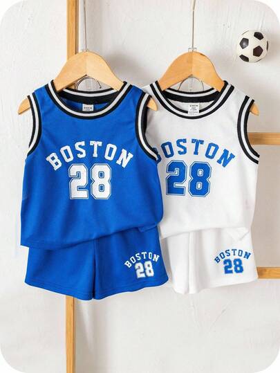 SHEIN 4pcs/Set Baby Boy Summer Casual Sports Basketball Jersey Sleeveless Top & Shorts Set, Cute Letter Graphic