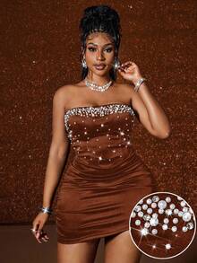 Maweii Plus Size Women's Sexy Strapless Ruched Pearl Studded Design Versatile Party Bodycon Mini Dress, New Arrival - Brown - View 3