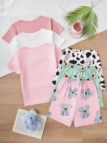 SHEIN 3pcs/Set Cute Avocado, Cow, Koala Print Girls Pajamas Kids Summer Pajama Summer Clothes Kids Sets Pajamas Set Summer For Girl Kid Cotton Kids Clothes Cute Pajama Sets - Multicolor - View 2