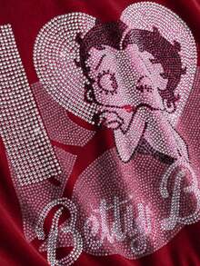 Betty Boop | ROMWE Y2K 天鹅绒卫衣和裤子字母图案水钻装饰 2 件套女款 - 酒紅色 - 查看 6