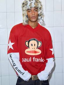 ROMWE MEN Paul Frank X ROMWE 男士休闲日常时尚街头猴子与字母图案透气舒适 T 恤，春秋季 - 紅色 - 查看 6