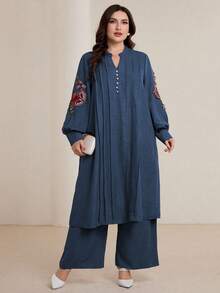 Graceveil Set de 2 piezas de talla grande con camisa larga suelta de manga larga con cuello en V y bordado y pantalón con cintura elástica, conjunto modesto de primavera/otoño - Azul - Ver 1