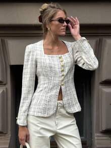 Pariaura 女士格子法式优雅方领腰部收紧金属花朵纽扣夹克 - 杏色 - 查看 3