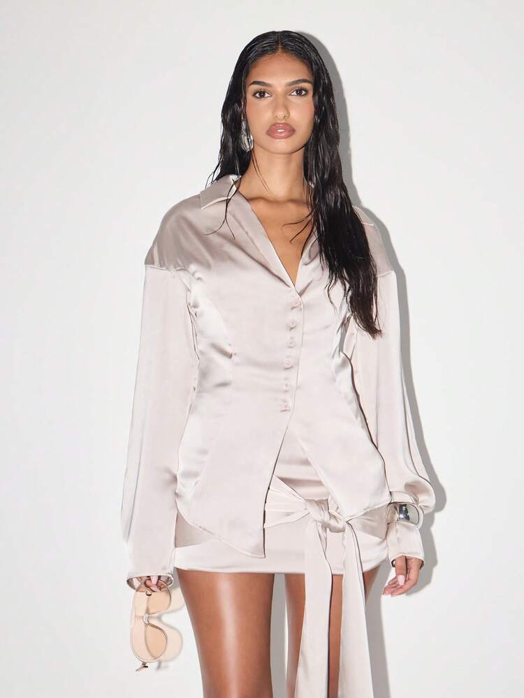 KIZN Satin Button Down Blouse With Tie Detail
