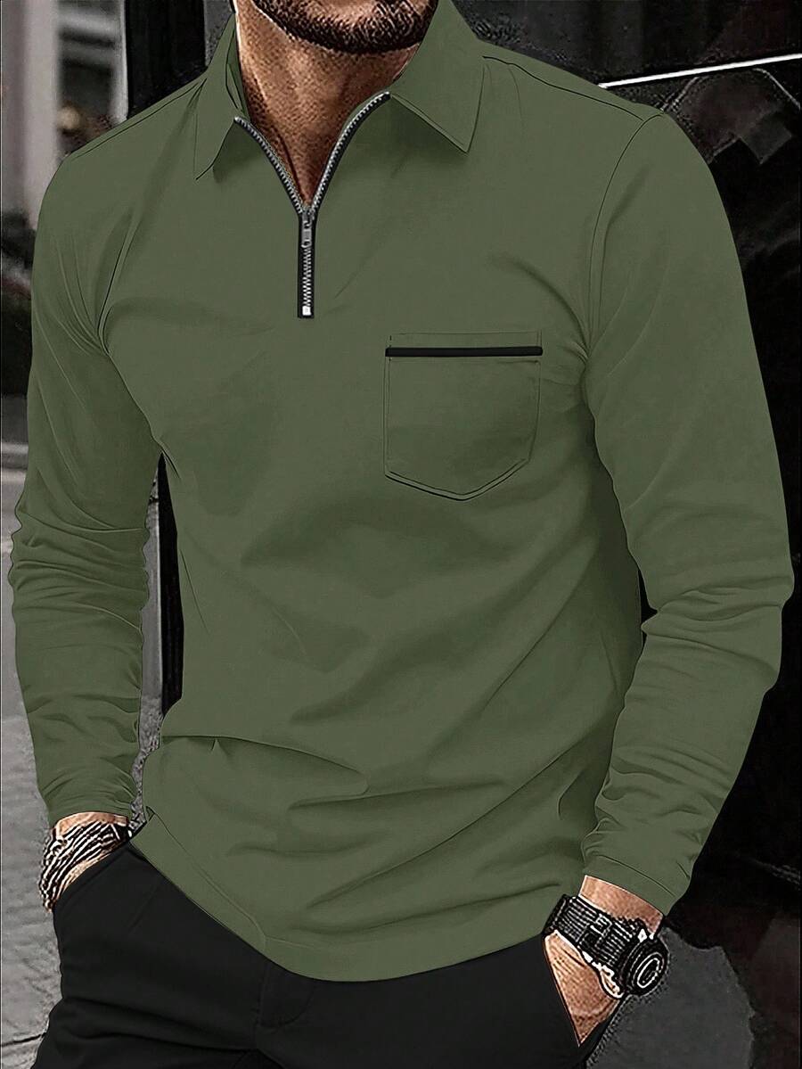 Manfinity Homme 男士拉链长袖口袋通勤 Polo 衫，休闲时尚上衣，秋季款 - 軍綠色 - 查看 1