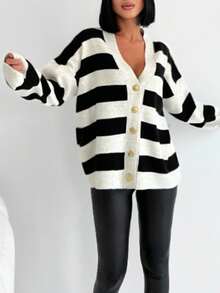 EURMUSE 條紋圖案落肩袖開襟衫