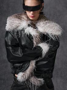 LYSMO 女士时尚毛绒拼布夹克，秋冬 - 黑色 - 查看 11