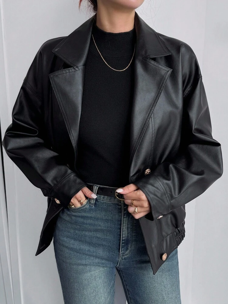 Women's Casual Solid Color PU Blazer Jacket, Autumn Leather Jacket