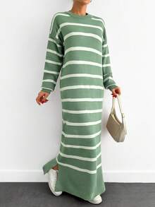 EURMUSE Striped Contrast Color Pullover Loose Knit Long Sleeve Sweater Dress - Mint Green - View 4
