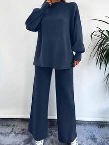 EURMUSE 2 件套女士纯色长袖毛衣和裤子套装，适合秋冬休闲装 - 藏蓝色 - 查看 4