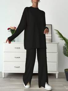 EURMUSE Women Solid Stand Collar Long Sleeve Sweater And Knit Pants Casual Suit, Autumn - Black - View 5