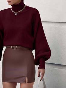 EURMUSE Solid Color High Neck Floral Lace Knitted Elegant Long Sleeve Sweater - Burgundy - View 6