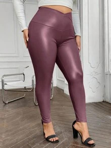 SHEIN VCAY Plus Size Solid Color High Waist Slim Fit Pants, Suitable For Commuting - Dusty Pink - View 6