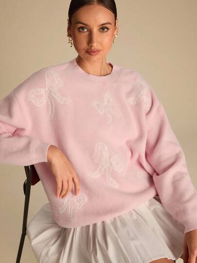 Enchnt 女士休闲日常通勤蝴蝶结刺绣图案落肩宽松套头衫，秋季