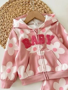 女婴可爱休闲花卉针织连帽衫套装，粉色 - 粉色 - 查看 5
