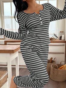 Snug Zone 前扣式休闲条纹印花长袖上衣和裤子女士睡衣套装秋冬服装 - 深灰色 - 查看 6