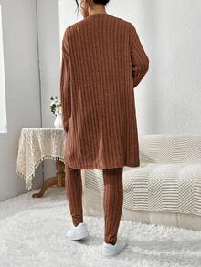SHEIN Essnce Bộ 3 món áo hai dây gân trơn màu + áo khoác dài tay + quần buộc dây phía trước dành cho nữ - Màu nâu  Mocha - Xem 3