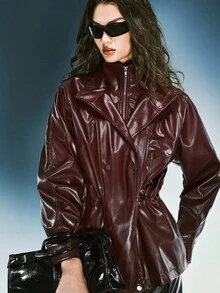 Airlisse Winter Fashion Versatile Double-Layer Collar Ruched Waist PU Jacket - Burgundy - View 7