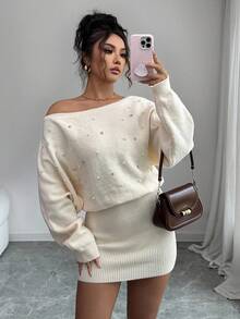 SHEIN Elenzya Robe moulante élégante en tricot avec épaules obliques perlées et manches chauve-souris pour femmes - Beige - Voir 1